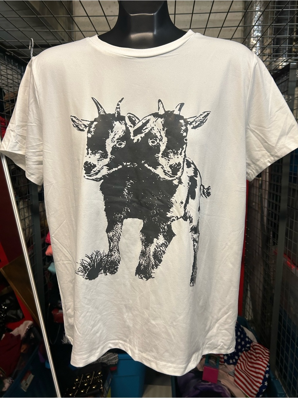 Brand new White Graphic Tee with Two-Headed Goat Print fitted stretch L